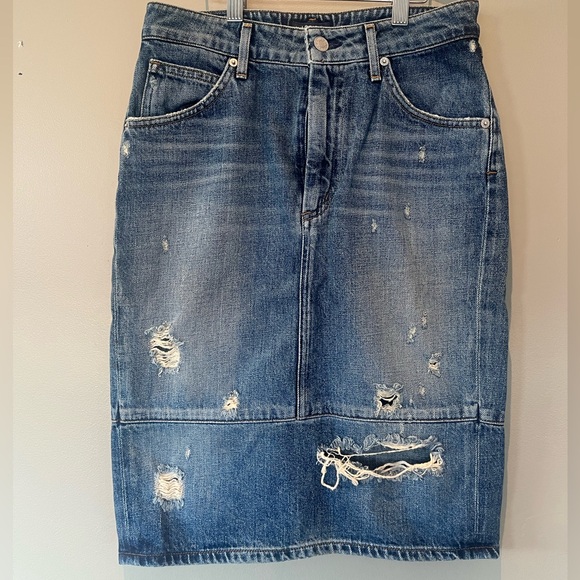 AGOLDE “amie” heavy distressed denim pencil skirt button fly zip front like new - Picture 2 of 9